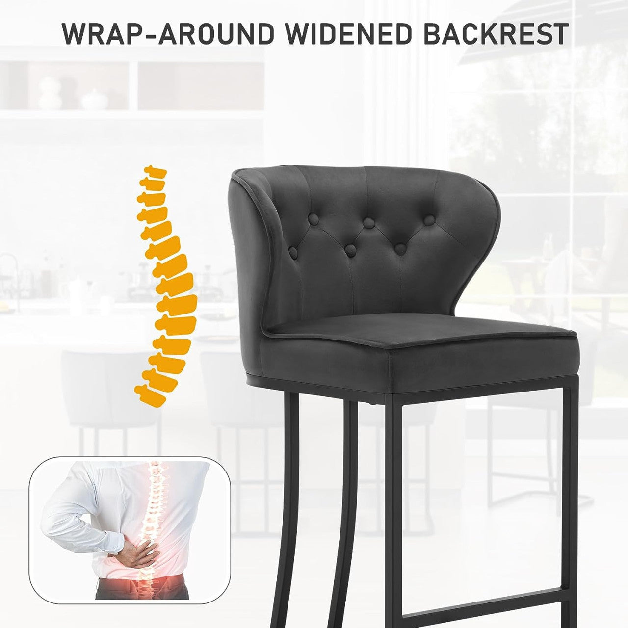 24goodz Velvet Bar Stool with Backrest - Ergonomic Design for Comfort - Metal Frame - For Dining and Living Spaces - Dark Grey/Black