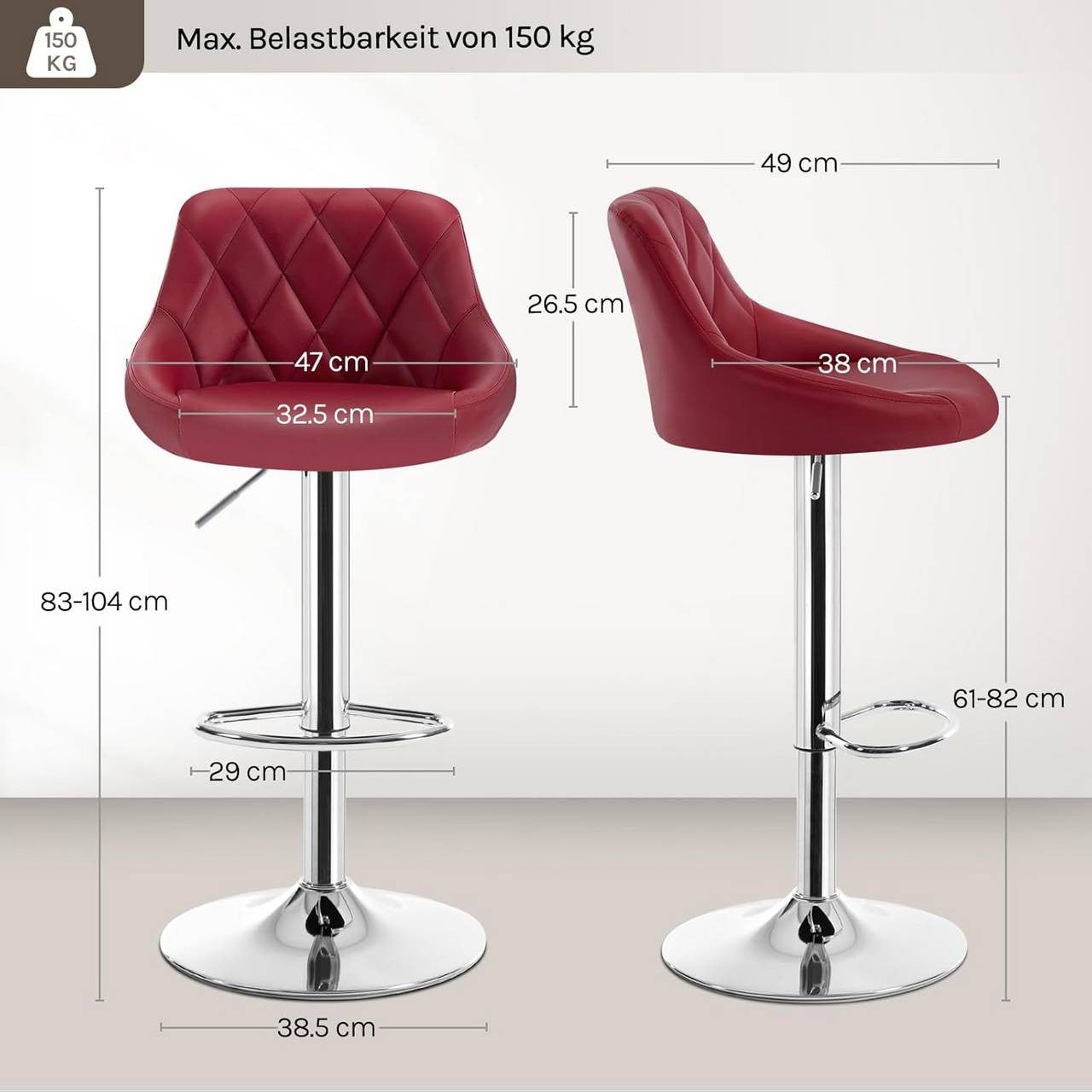 24goodz Adjustable Bar Stool - Comfortable and Ergonomic - Durable and Stylish - Faux Leather - For Home and Bistro Use - Bordeaux - bd