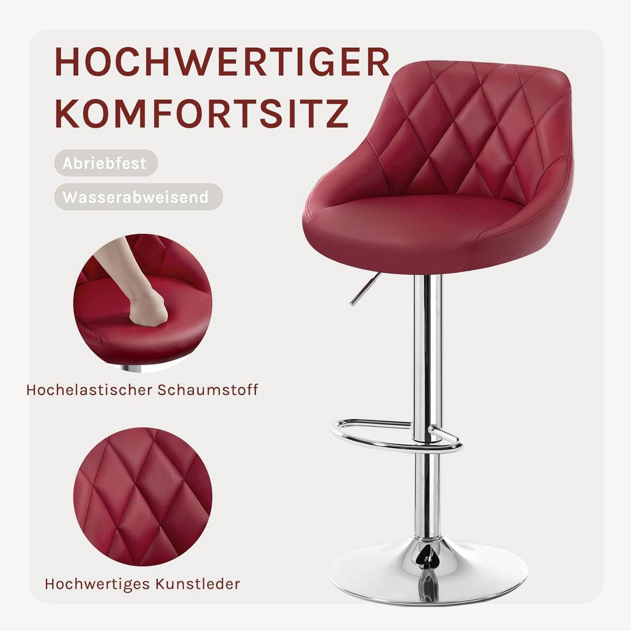 24goodz Adjustable Bar Stool - Comfortable and Ergonomic - Durable and Stylish - Faux Leather - For Home and Bistro Use - Bordeaux - bd