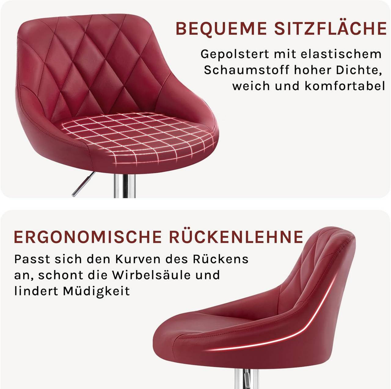 24goodz Adjustable Bar Stool - Comfortable and Ergonomic - Durable and Stylish - Faux Leather - For Home and Bistro Use - Bordeaux - bd