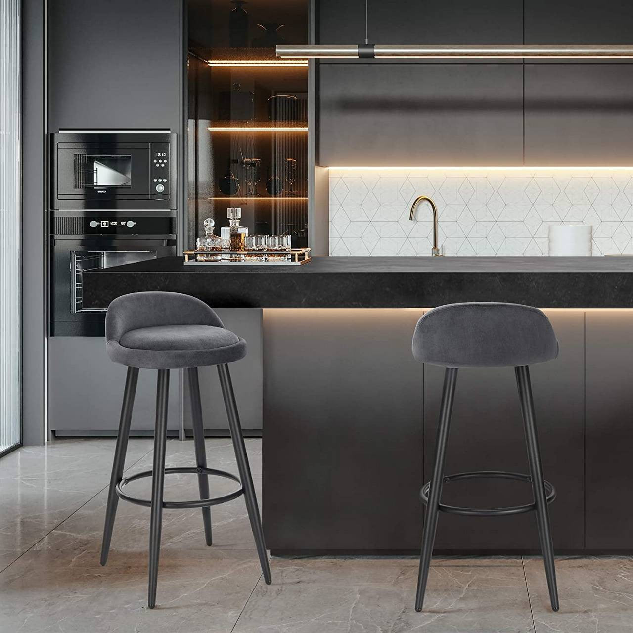 24goodz Velvet Bar Stool - Stable and Robust Design - High Comfort - Velvet and Metal - Dark Grey - dgr