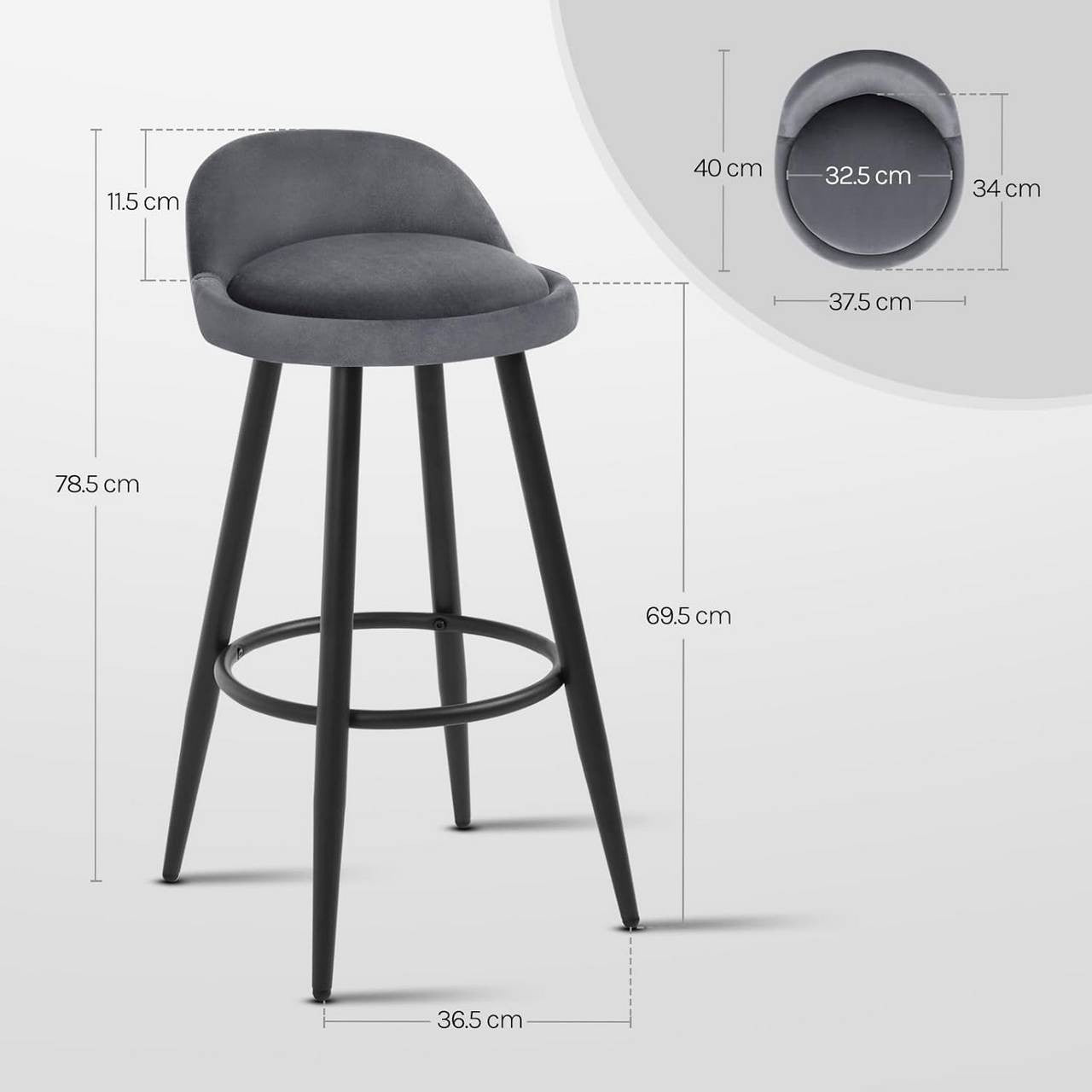 24goodz Velvet Bar Stool - Stable and Robust Design - High Comfort - Velvet and Metal - Dark Grey - dgr