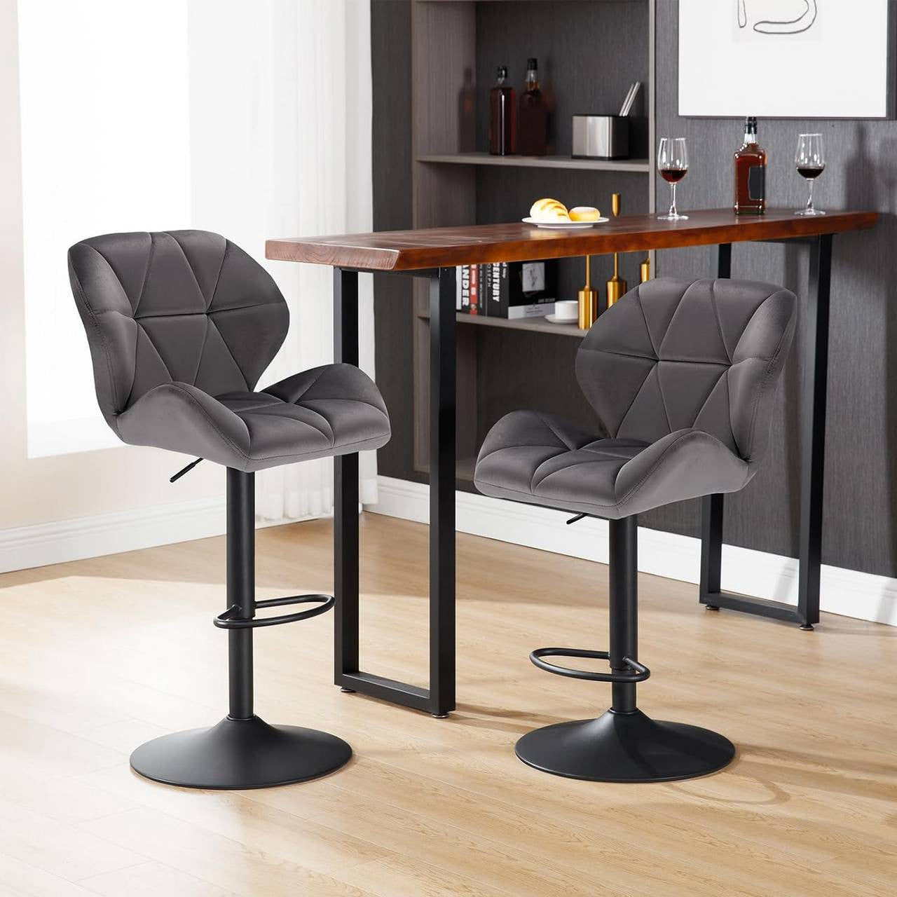 24goodz Velvet Bar Stool with Backrest - Ergonomic Comfort - Durable and Long-lasting - Velvet + Metal - Dark Grey - dgr