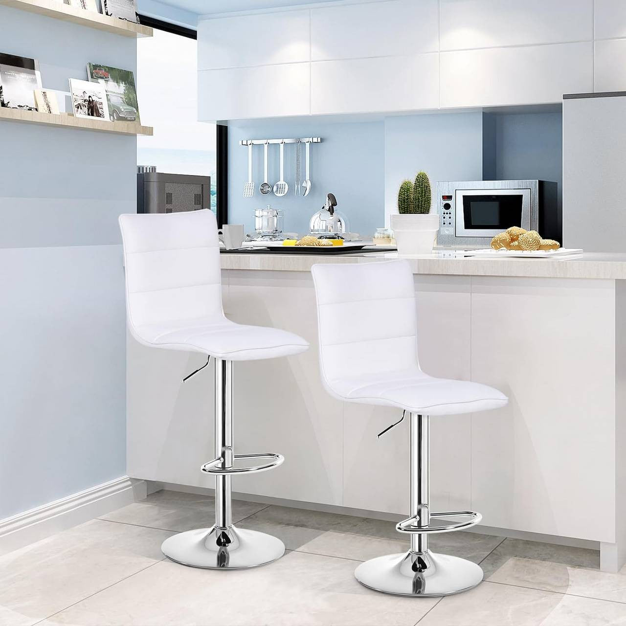 24goodz Bar Stool - Comfortable and Ergonomic Design - Durable Materials - Faux Leather and Chrome Frame - White - ws