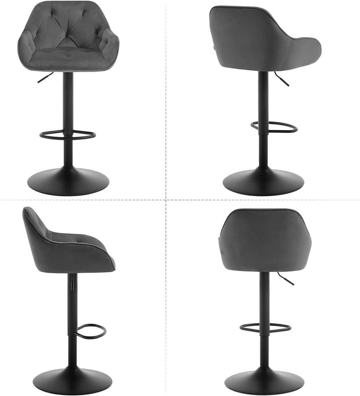 24goodz Velvet Bar Stool with Armrests - Ergonomic Comfort - Adjustable Height - Velvet and Metal - Dark Grey/Black