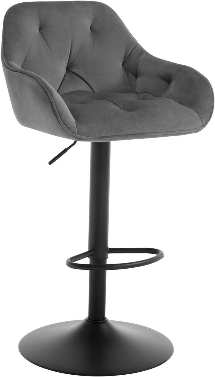 24goodz Velvet Bar Stool with Armrests - Ergonomic Comfort - Adjustable Height - Velvet and Metal - Dark Grey/Black