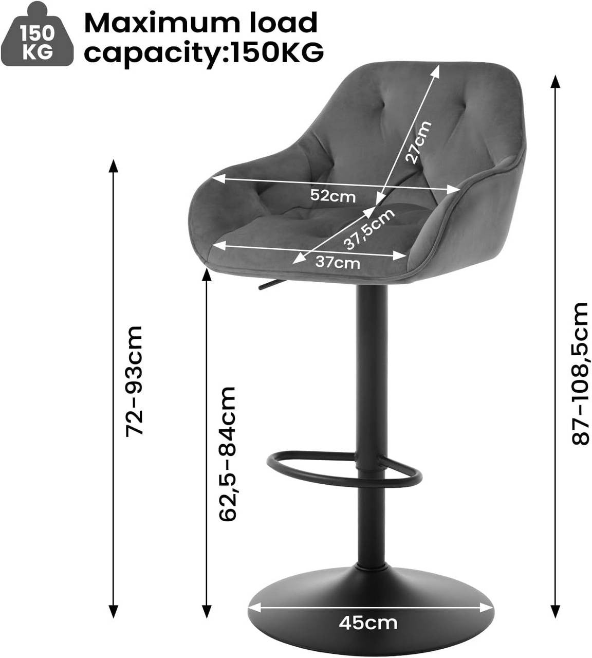 24goodz Velvet Bar Stool with Armrests - Ergonomic Comfort - Adjustable Height - Velvet and Metal - Dark Grey/Black