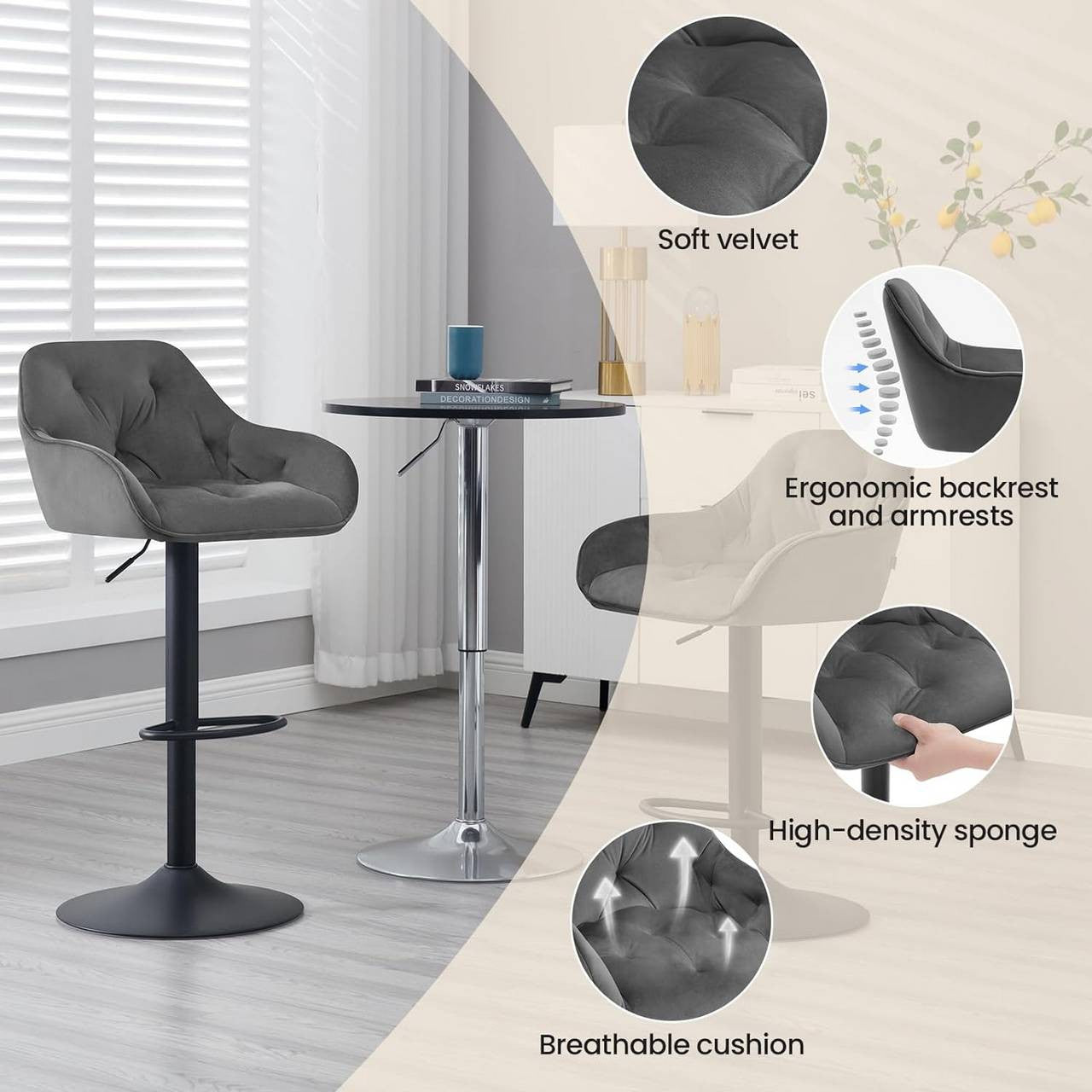 24goodz Velvet Bar Stool with Armrests - Ergonomic Comfort - Adjustable Height - Velvet and Metal - Dark Grey/Black