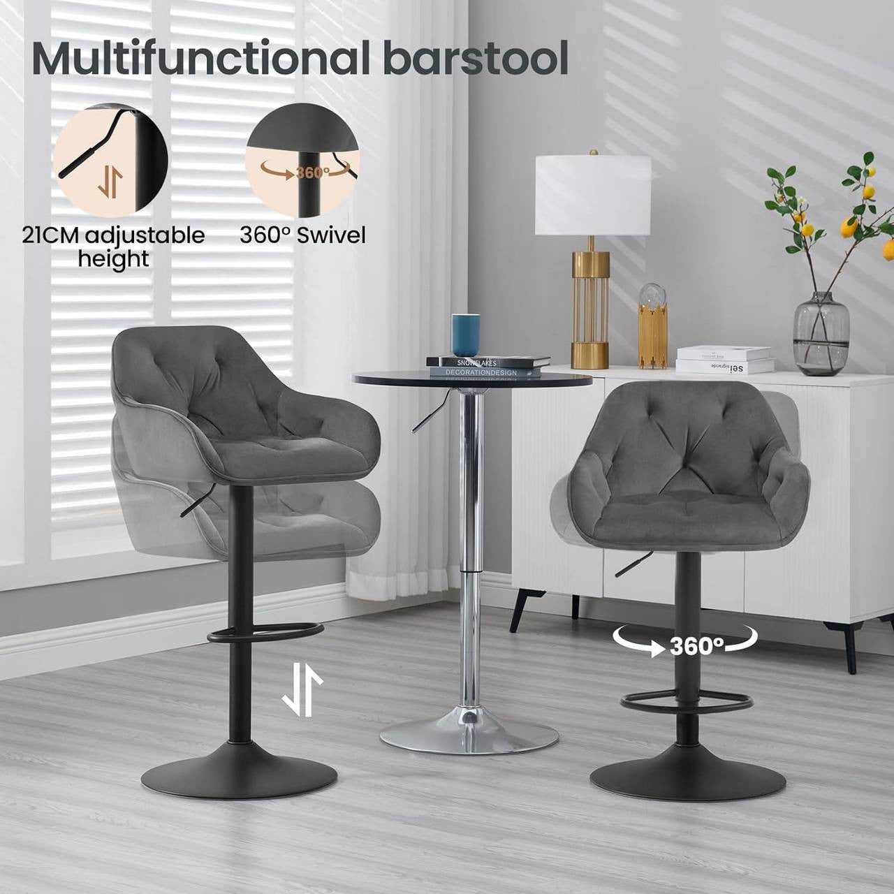 24goodz Velvet Bar Stool with Armrests - Ergonomic Comfort - Adjustable Height - Velvet and Metal - Dark Grey/Black