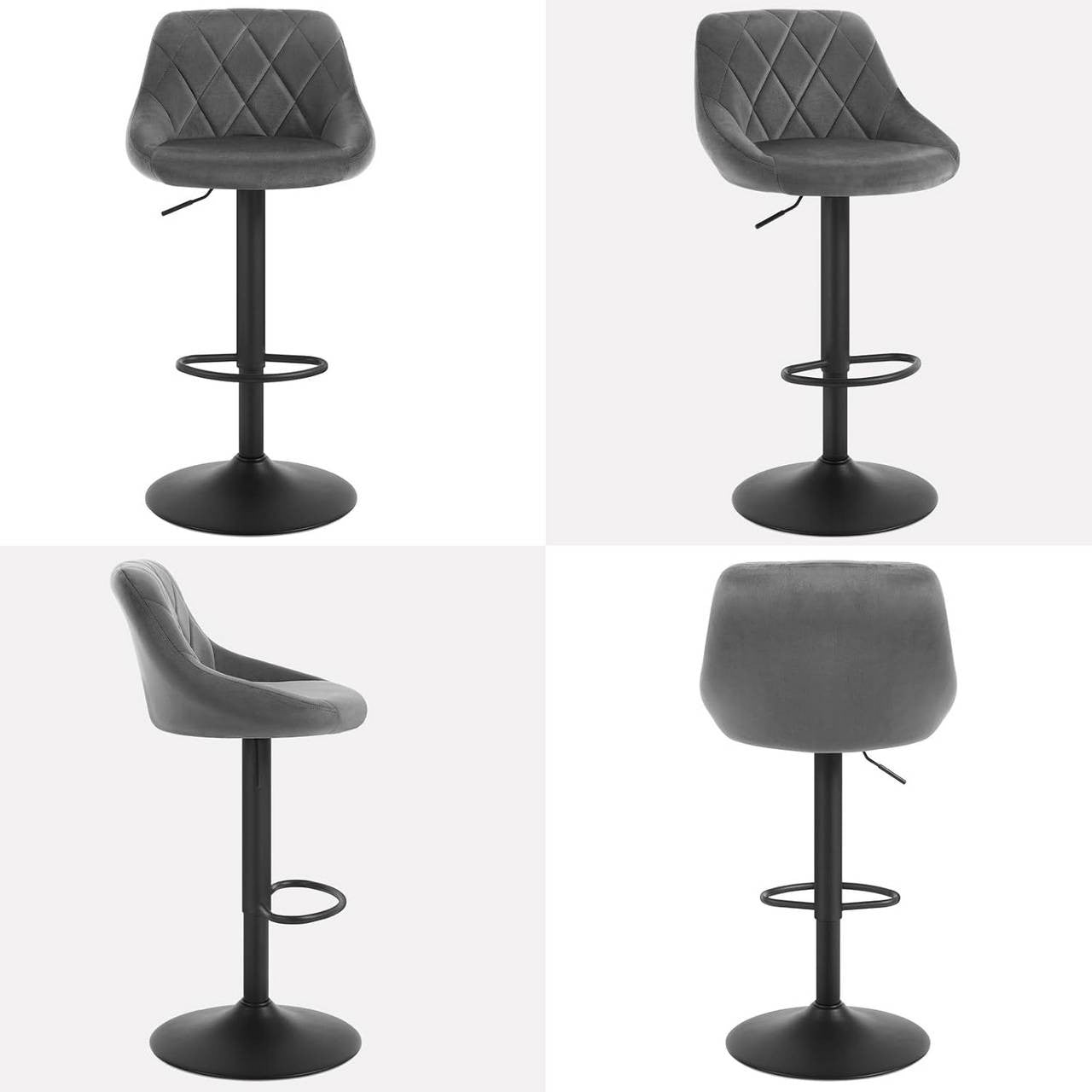 24goodz Velvet Bar Stool - Comfortable Ergonomic Design - Adjustable Height - Velvet + Metal - Dark Grey - dgr