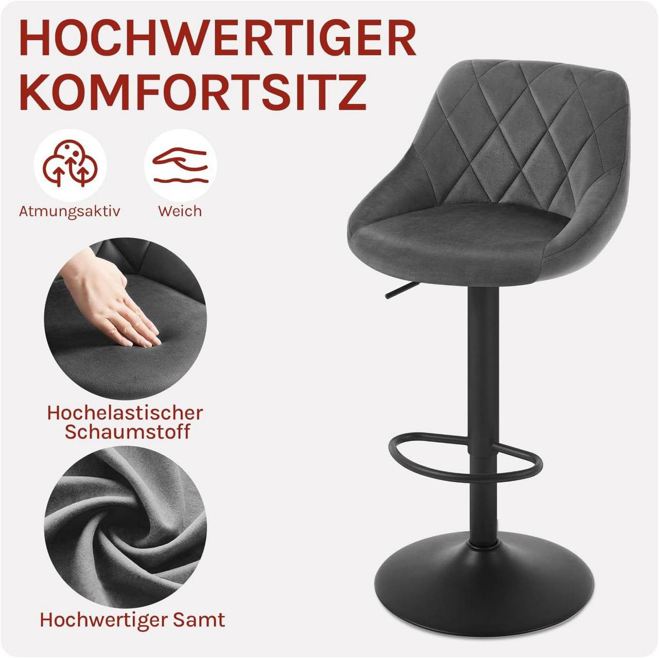 24goodz Velvet Bar Stool - Comfortable Ergonomic Design - Adjustable Height - Velvet + Metal - Dark Grey - dgr