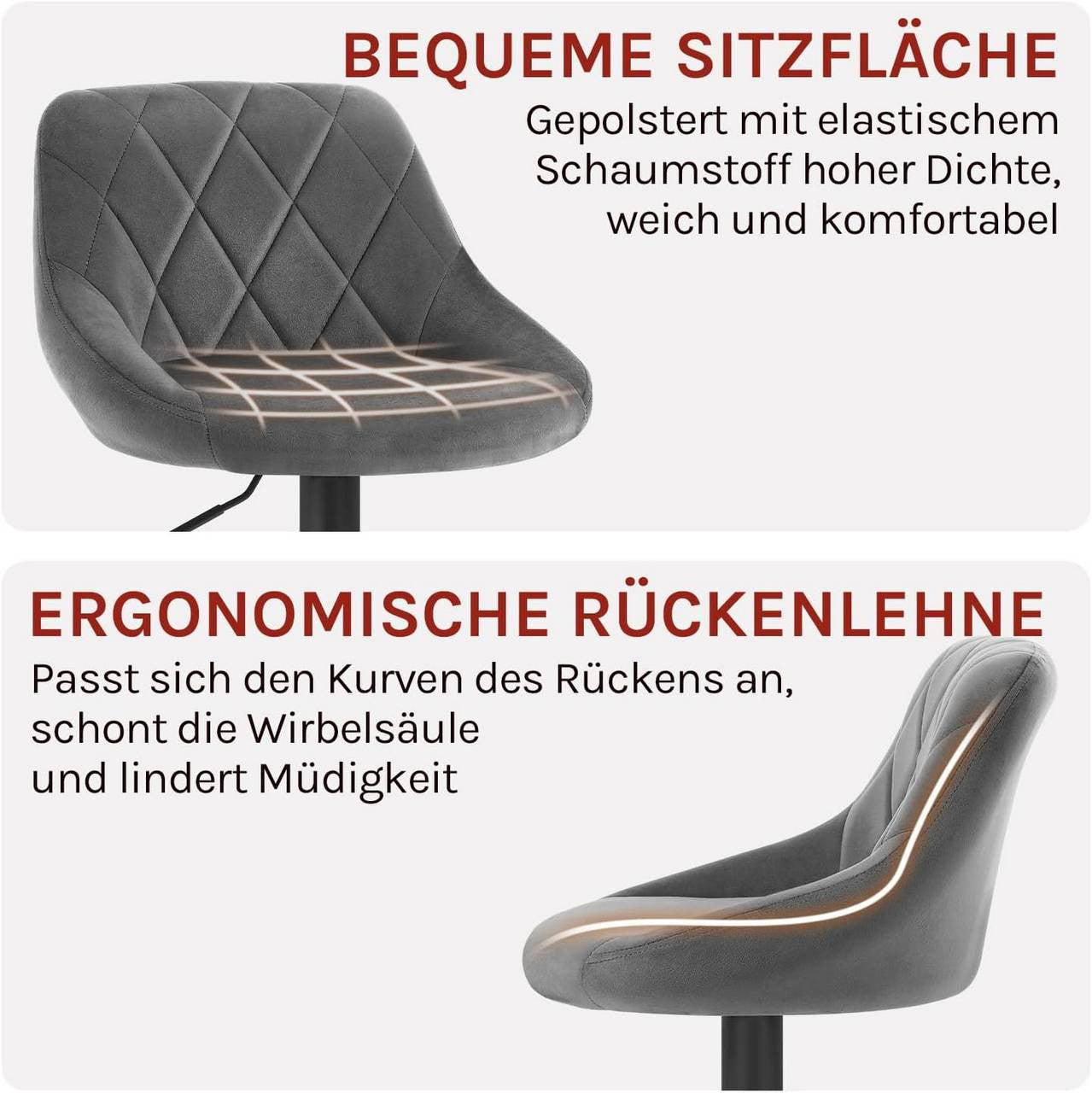 24goodz Velvet Bar Stool - Comfortable Ergonomic Design - Adjustable Height - Velvet + Metal - Dark Grey - dgr