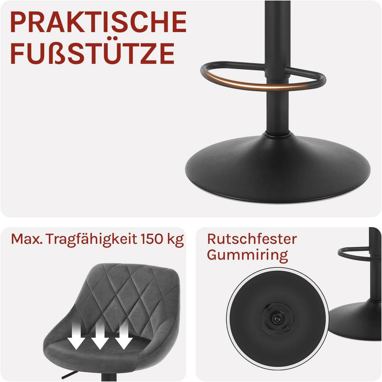 24goodz Velvet Bar Stool - Comfortable Ergonomic Design - Adjustable Height - Velvet + Metal - Dark Grey - dgr