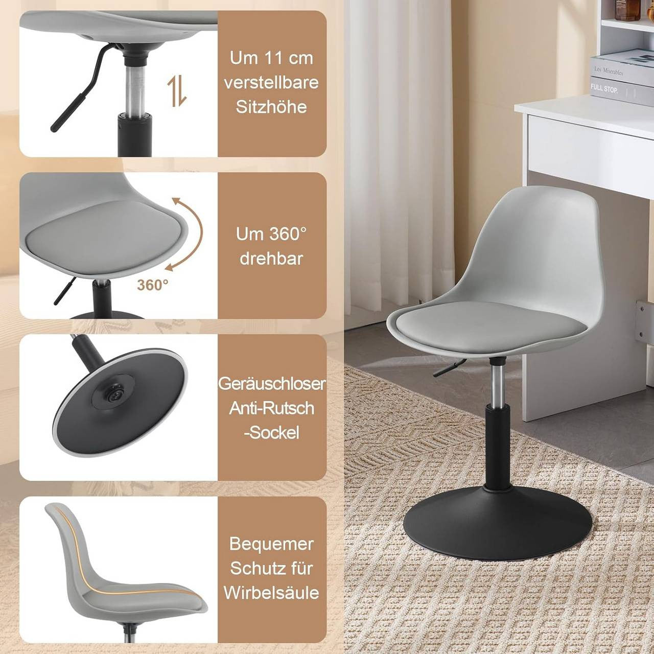 24goodz Adjustable Bar Stool - Ergonomic Design - Anti-Slip Base - PU + Metal - Grey