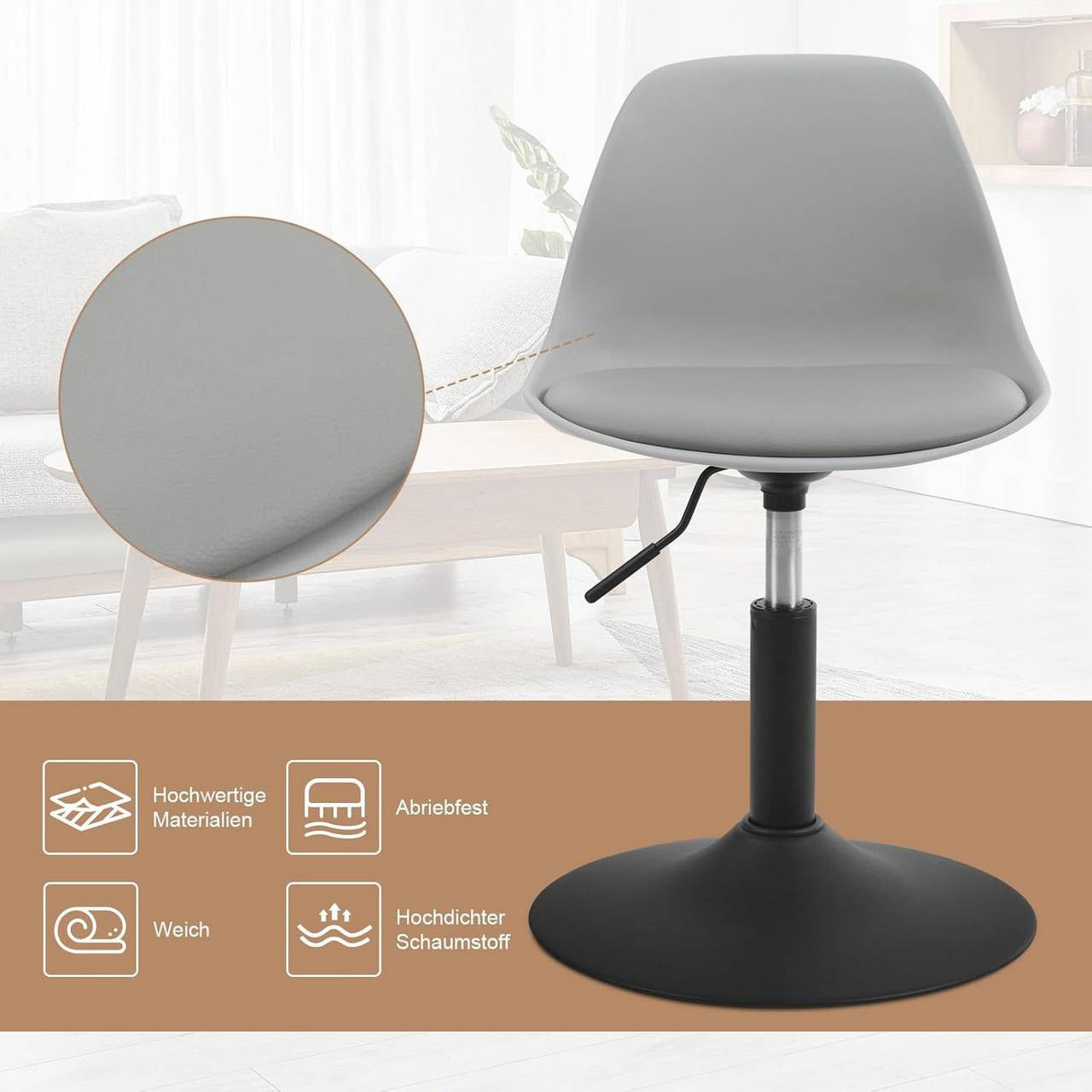 24goodz Adjustable Bar Stool - Ergonomic Design - Anti-Slip Base - PU + Metal - Grey