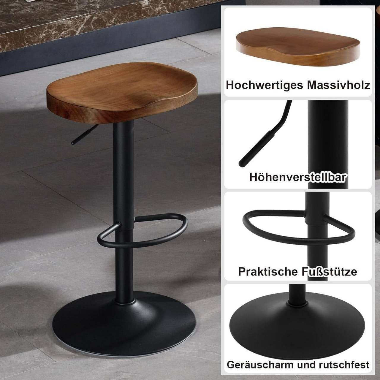 24goodz Saddle Seat Bar Stool - Ergonomic Design - Height Adjustable - Solid Wood and Metal - Brown