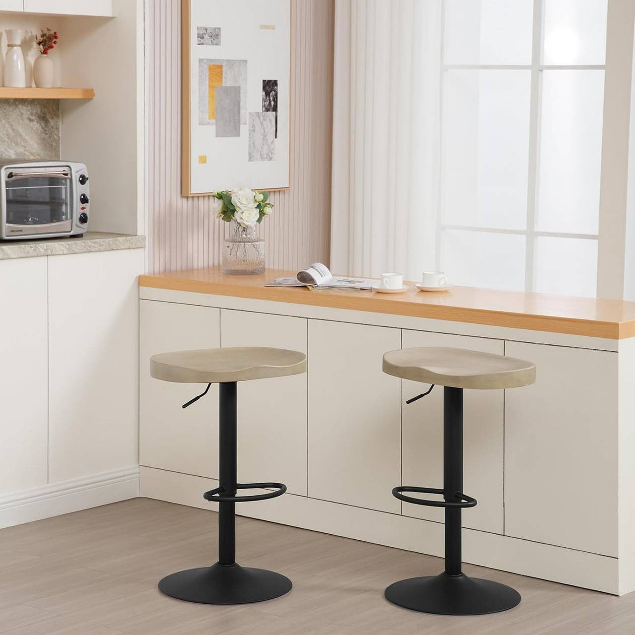 24goodz Ergonomic Bar Stool - Comfortable Saddle Seat - Height Adjustable - Solid Wood and Metal - Light Wood Finish