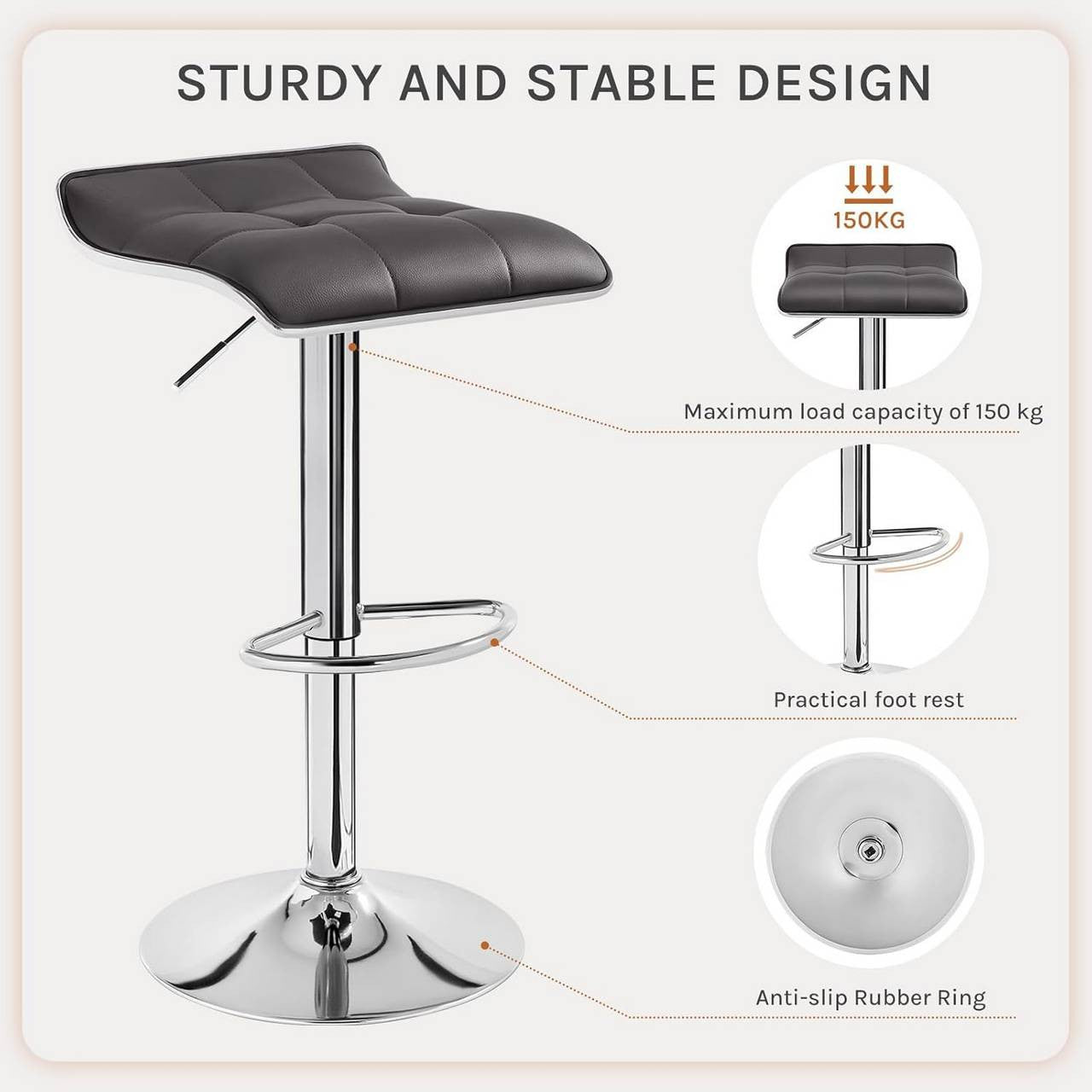 24goodz Bar Stool - Ergonomic Comfort - Durable and Stylish - Faux Leather - For Home and Office - Grey
