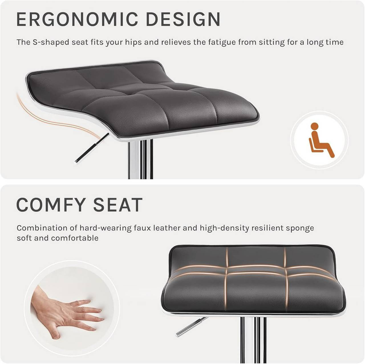 24goodz Bar Stool - Ergonomic Comfort - Durable and Stylish - Faux Leather - For Home and Office - Grey