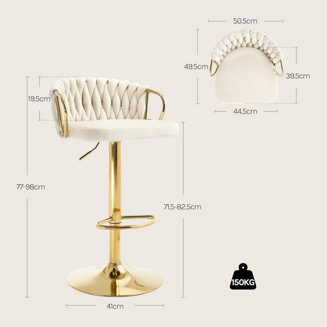 24goodz Velvet Bar Stool - Comfortable Seating - Ergonomic Design - Metal Frame - Cream