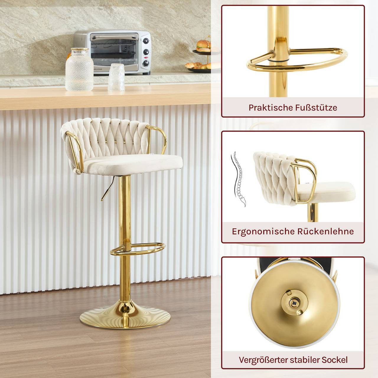 24goodz Velvet Bar Stool - Comfortable Seating - Ergonomic Design - Metal Frame - Cream