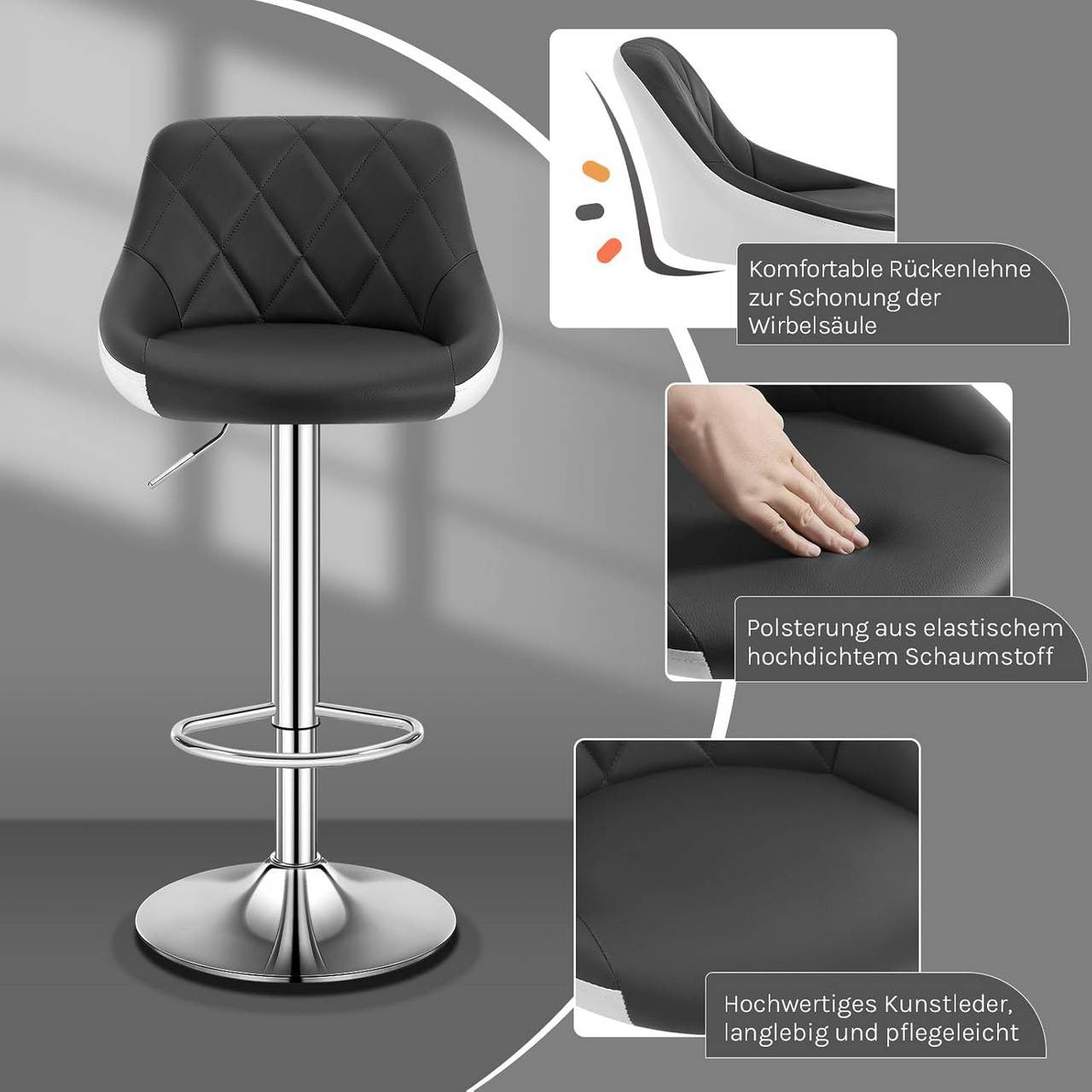 24goodz Adjustable Bar Stool - Comfortable Ergonomic Design - Durable Chrome Frame - For Home & Bistro Use - Grey/White - grw