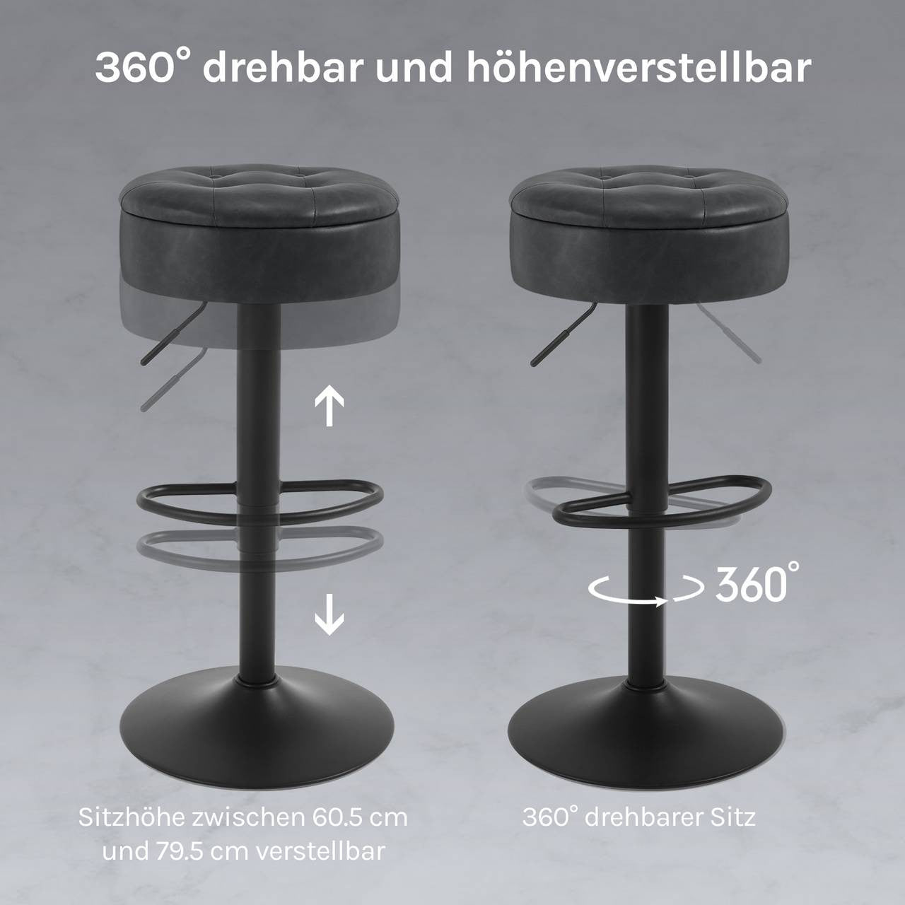 24goodz Adjustable Bar Stool with Storage - Comfortable & Ergonomic - Stable & Durable - Vintage Faux Leather - Grey - 39 x 60.5-79.5 x 39 cm