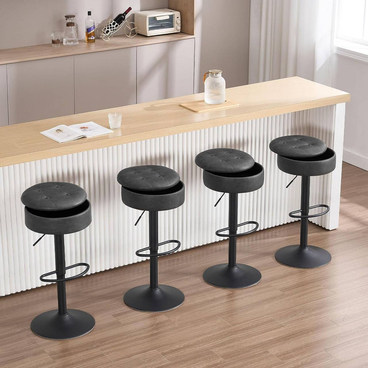 24goodz Adjustable Bar Stool with Storage - Comfortable & Ergonomic - Stable & Durable - Vintage Faux Leather - Grey - 39 x 60.5-79.5 x 39 cm