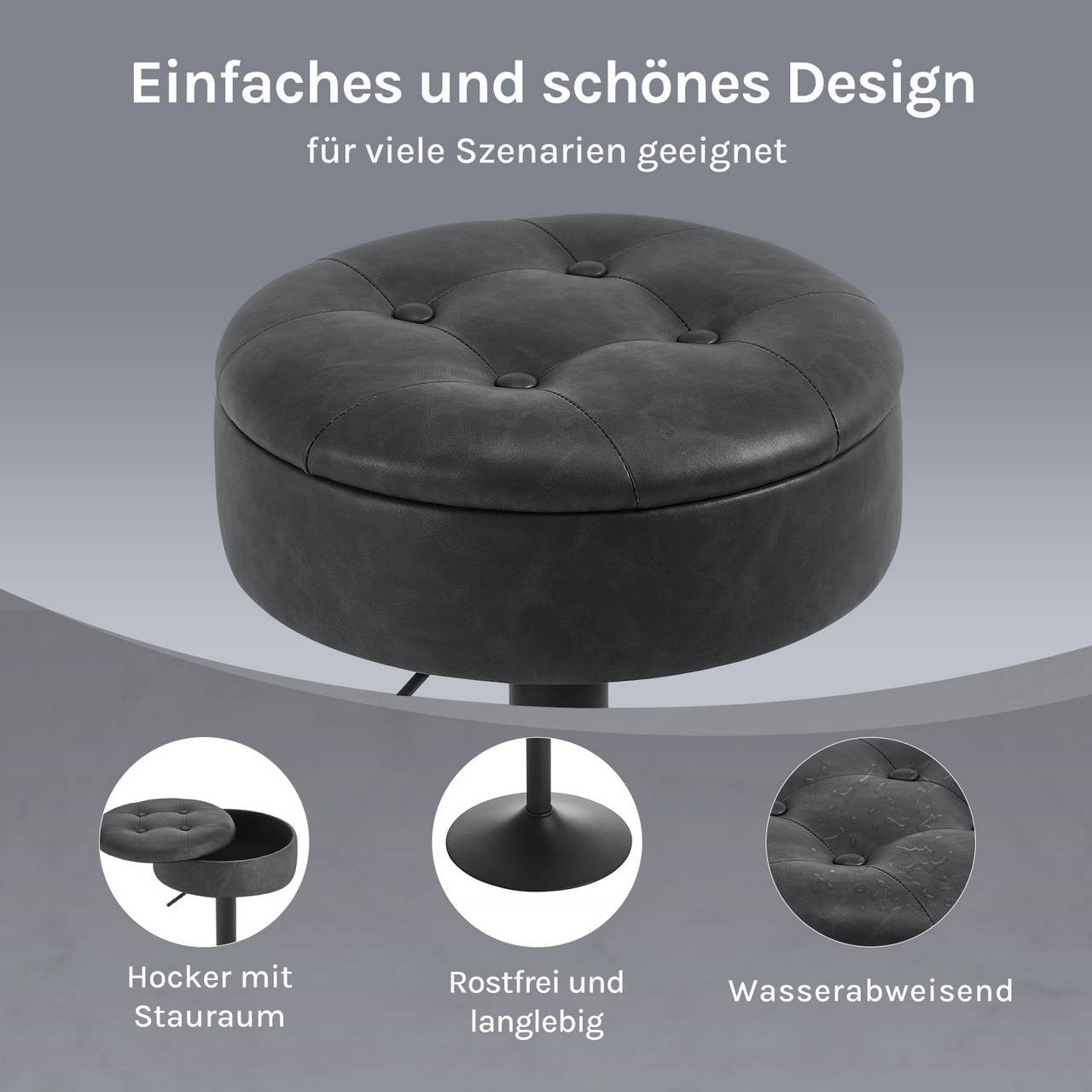 24goodz Adjustable Bar Stool with Storage - Comfortable & Ergonomic - Stable & Durable - Vintage Faux Leather - Grey - 39 x 60.5-79.5 x 39 cm