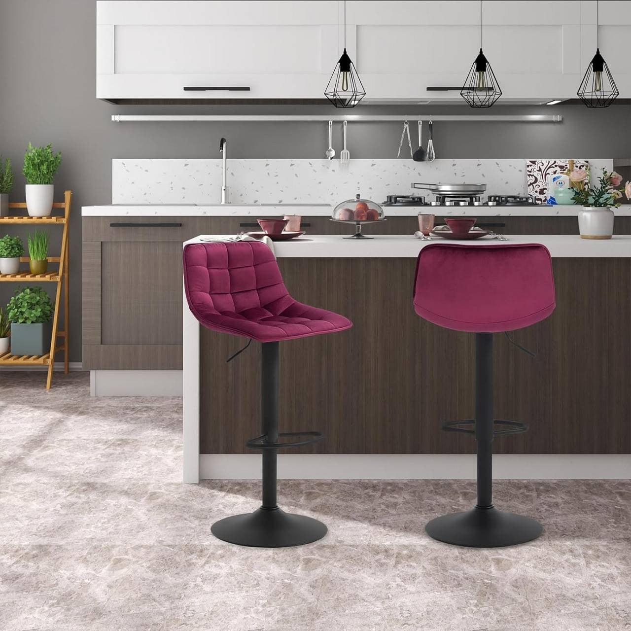 24goodz Velvet Bar Stool with Backrest - Comfortable and Ergonomic - Durable Metal Frame - For Home and Bistro Use - Bordeaux - bd