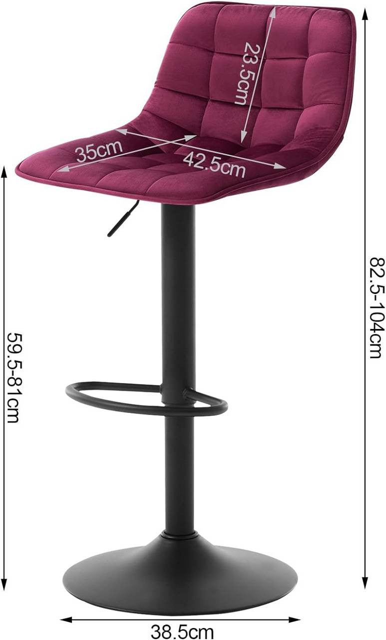 24goodz Velvet Bar Stool with Backrest - Comfortable and Ergonomic - Durable Metal Frame - For Home and Bistro Use - Bordeaux - bd