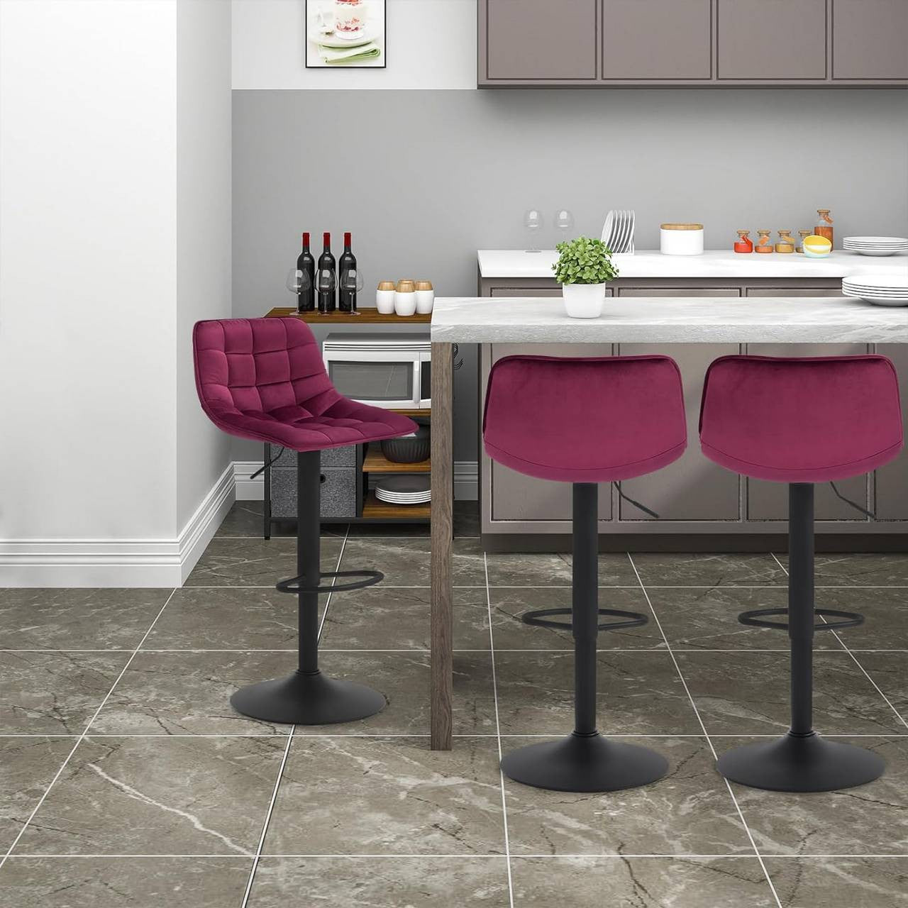 24goodz Velvet Bar Stool with Backrest - Comfortable and Ergonomic - Durable Metal Frame - For Home and Bistro Use - Bordeaux - bd