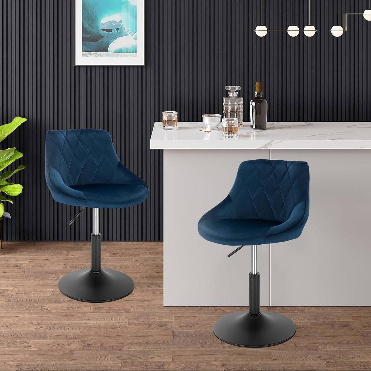 24goodz Velvet Bar Stool with Backrest - Comfortable and Ergonomic Design - Durable Metal Frame - For Home and Kitchen - Blue