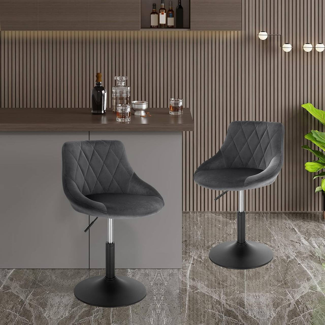 24goodz Velvet Bar Stool with Backrest - Ergonomic Comfort - Sturdy Metal Frame - 120 kg - Dark Grey - dgr