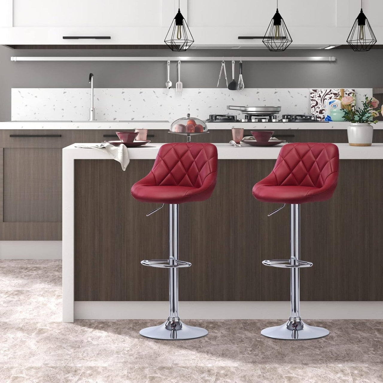 24goodz Adjustable Bar Stool Set - Ergonomic Comfort - Sturdy and Safe - Faux Leather - For Home and Bars - Bordeaux - bd