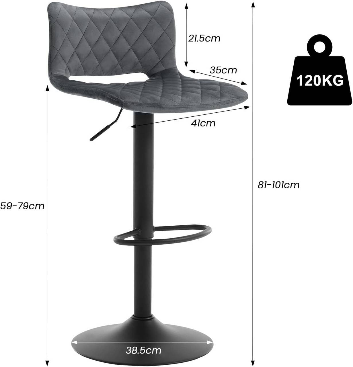24goodz Set of 2 Adjustable Bar Stools - Ergonomic Design - Durable Metal Base - Velvet - For Home Bars and Kitchens - Dark Grey