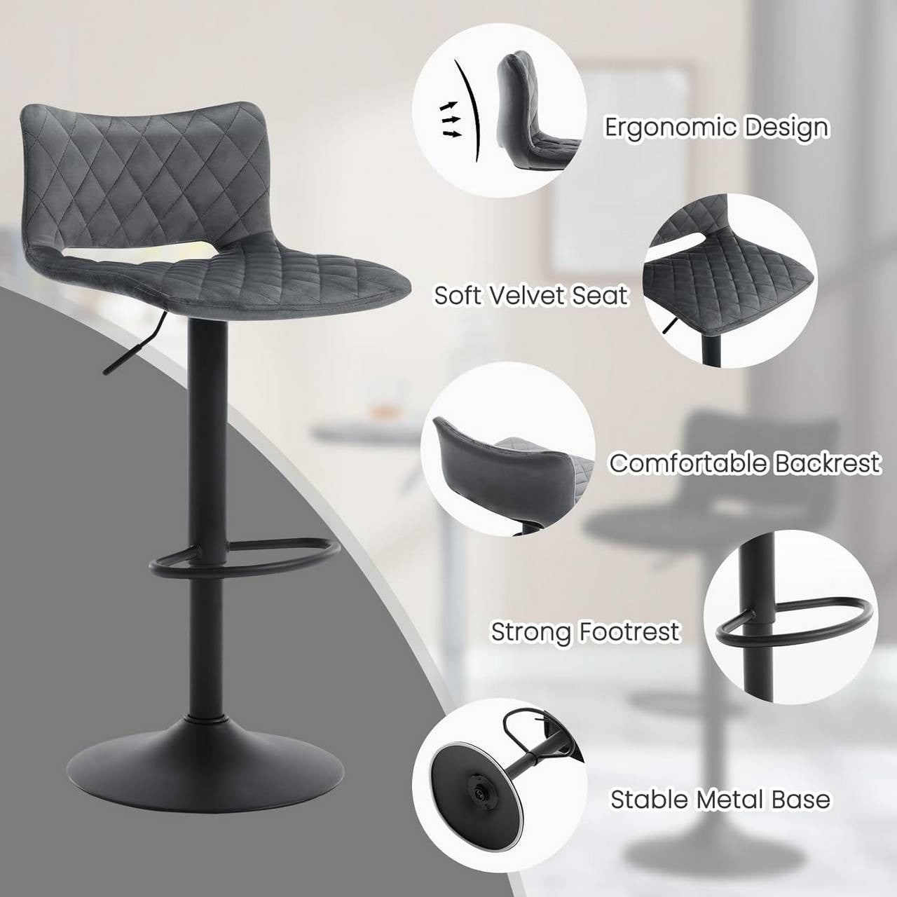 24goodz Set of 2 Adjustable Bar Stools - Ergonomic Design - Durable Metal Base - Velvet - For Home Bars and Kitchens - Dark Grey