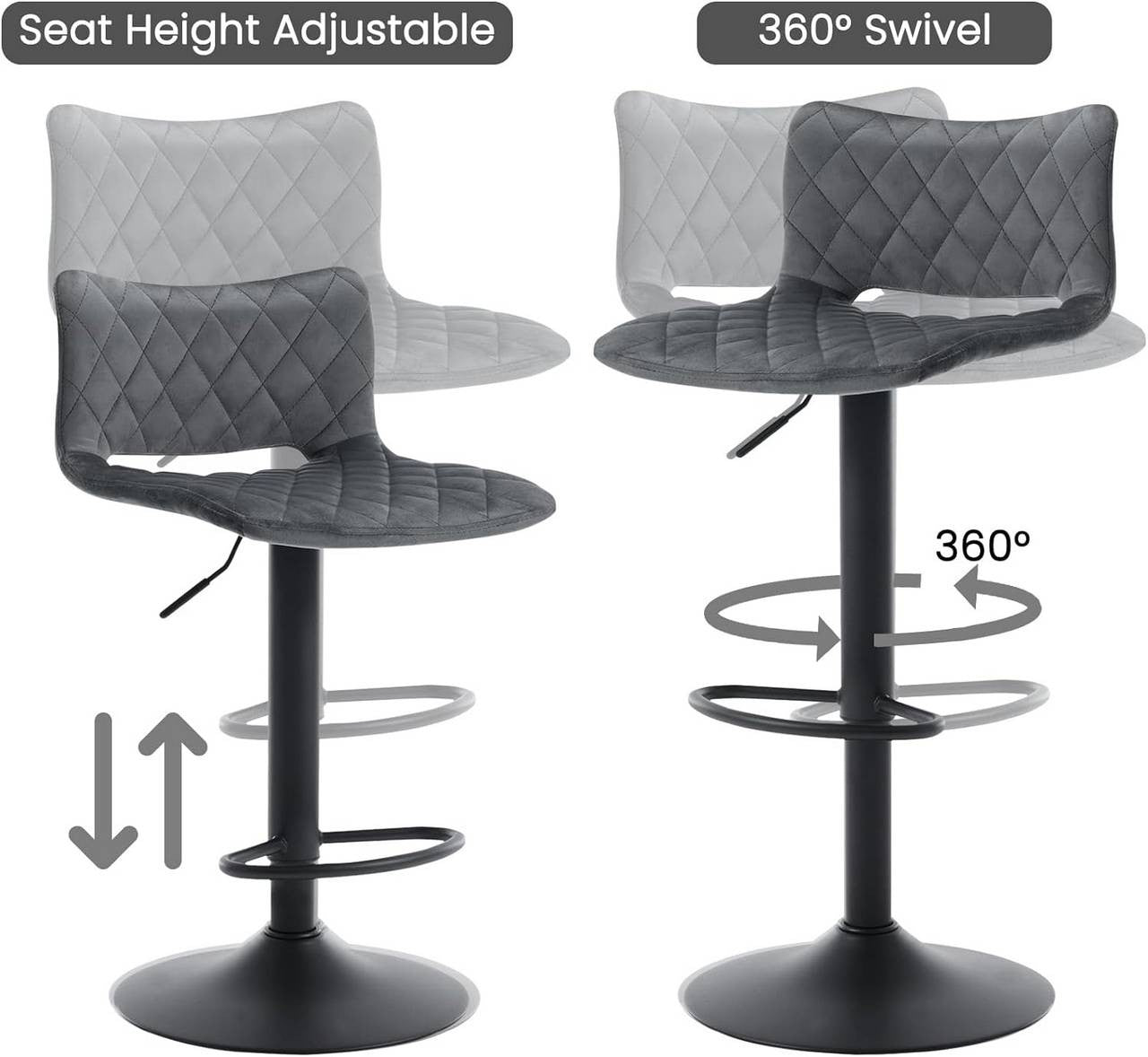 24goodz Set of 2 Adjustable Bar Stools - Ergonomic Design - Durable Metal Base - Velvet - For Home Bars and Kitchens - Dark Grey