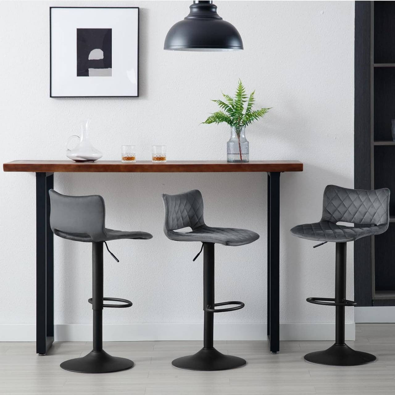 24goodz Set of 2 Adjustable Bar Stools - Ergonomic Design - Durable Metal Base - Velvet - For Home Bars and Kitchens - Dark Grey