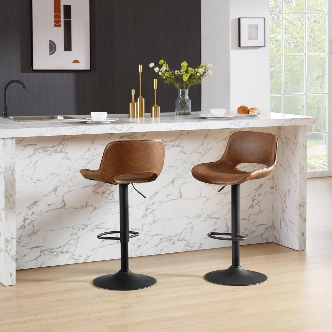 24goodz Adjustable Bar Stool - Ergonomic Design - Durable Metal Construction - Vintage Faux Leather - Brown/Anthracite - 49 x (84-105,5) x 49 cm