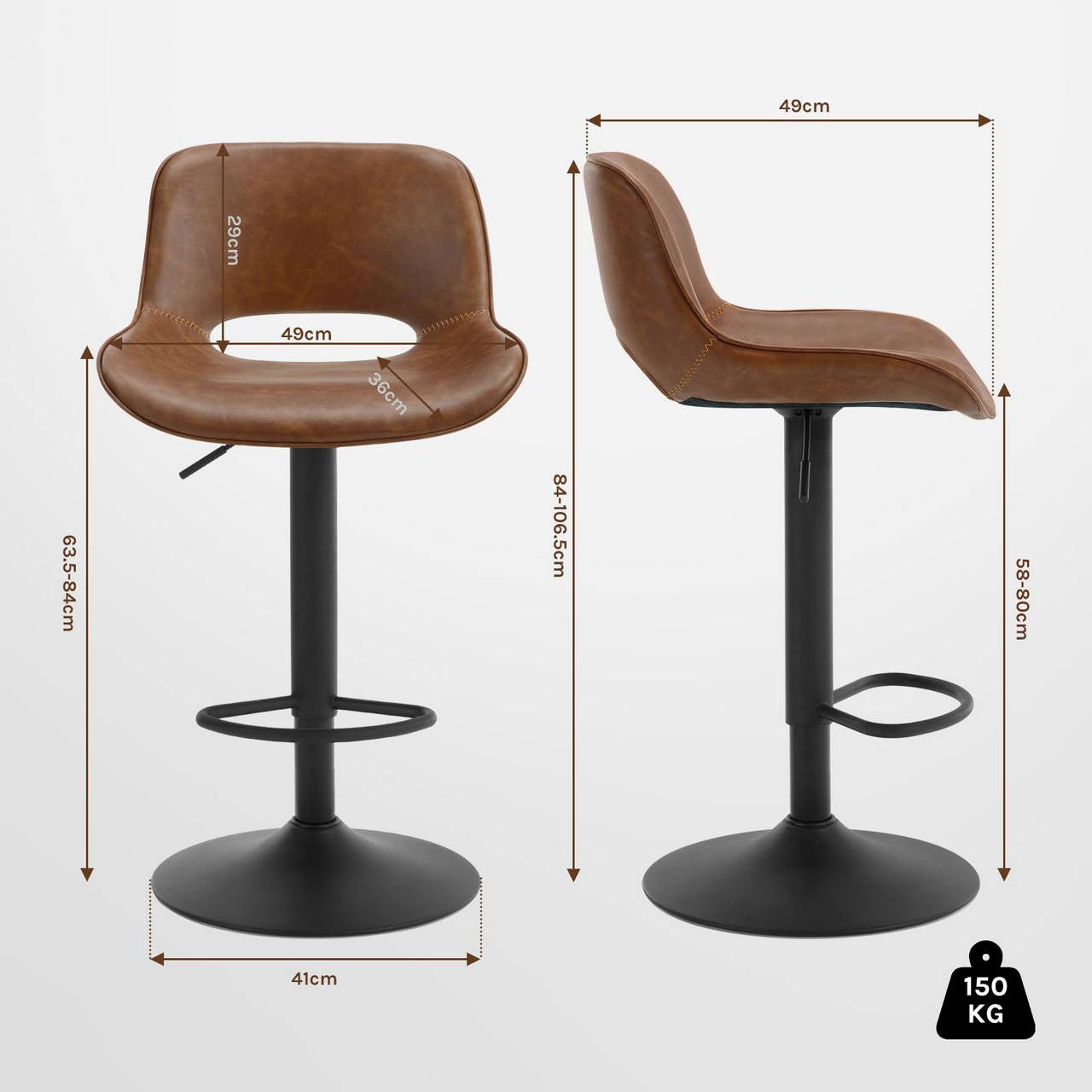24goodz Adjustable Bar Stool - Ergonomic Design - Durable Metal Construction - Vintage Faux Leather - Brown/Anthracite - 49 x (84-105,5) x 49 cm