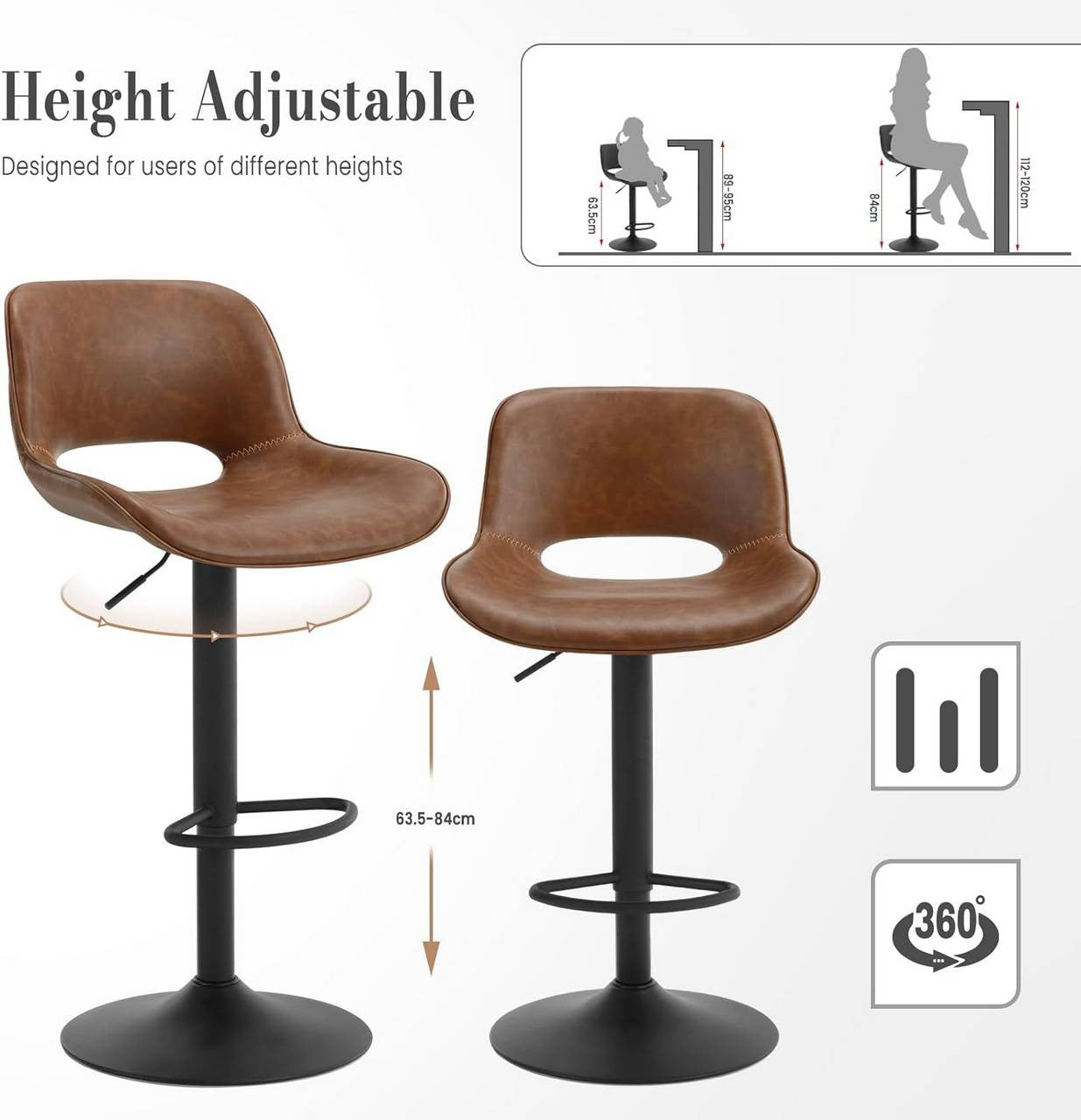 24goodz Adjustable Bar Stool - Ergonomic Design - Durable Metal Construction - Vintage Faux Leather - Brown/Anthracite - 49 x (84-105,5) x 49 cm