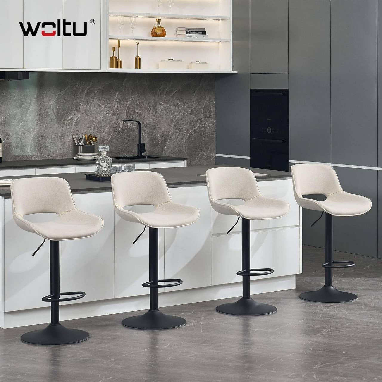 24goodz Adjustable Bar Stool - Ergonomic Design - Sturdy & Stable - Linen - For Home & Kitchen - Beige/Blue/Grey