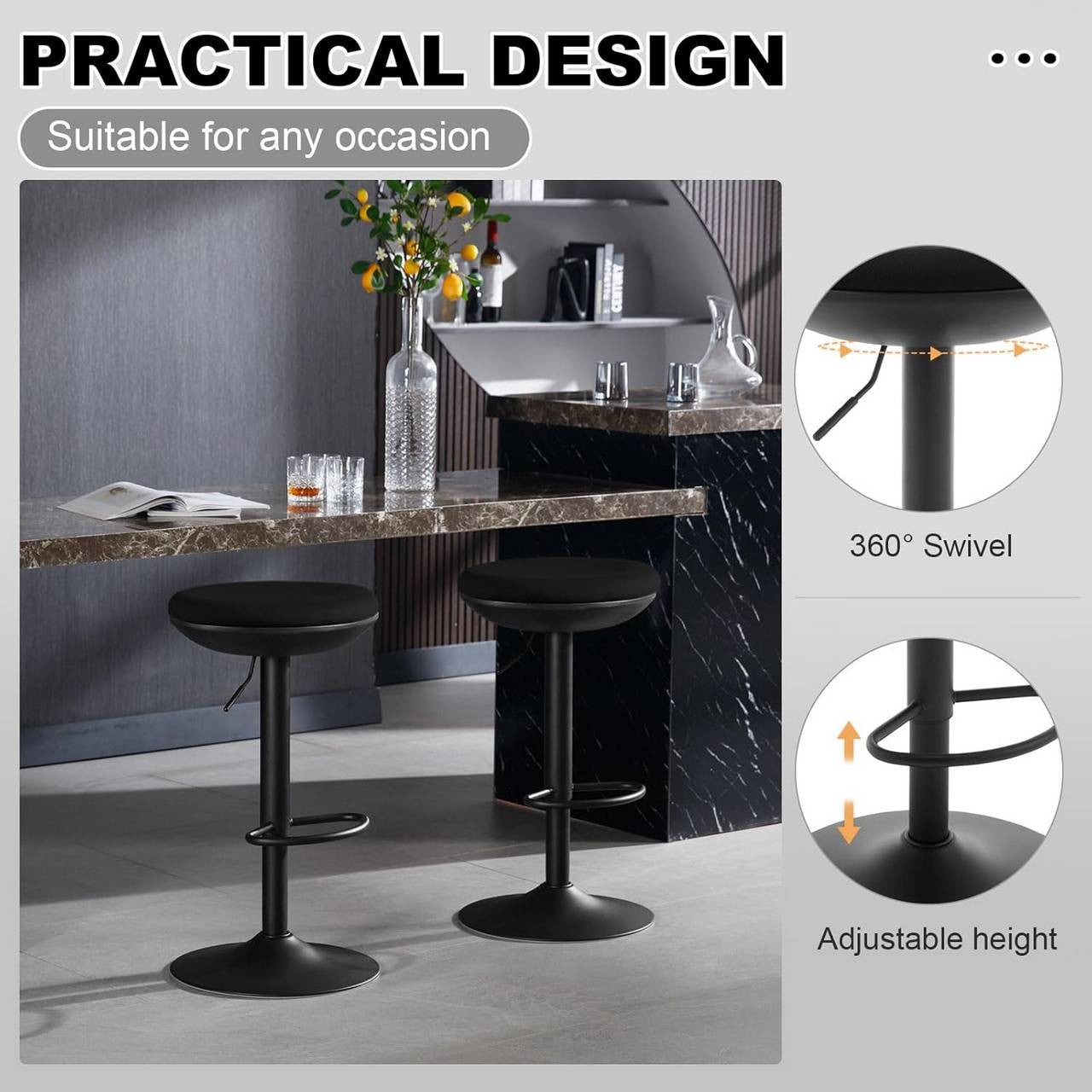 24goodz Adjustable Swivel Bar Stool - Comfortable & Breathable - Metal Frame - For Home & Dining - Black