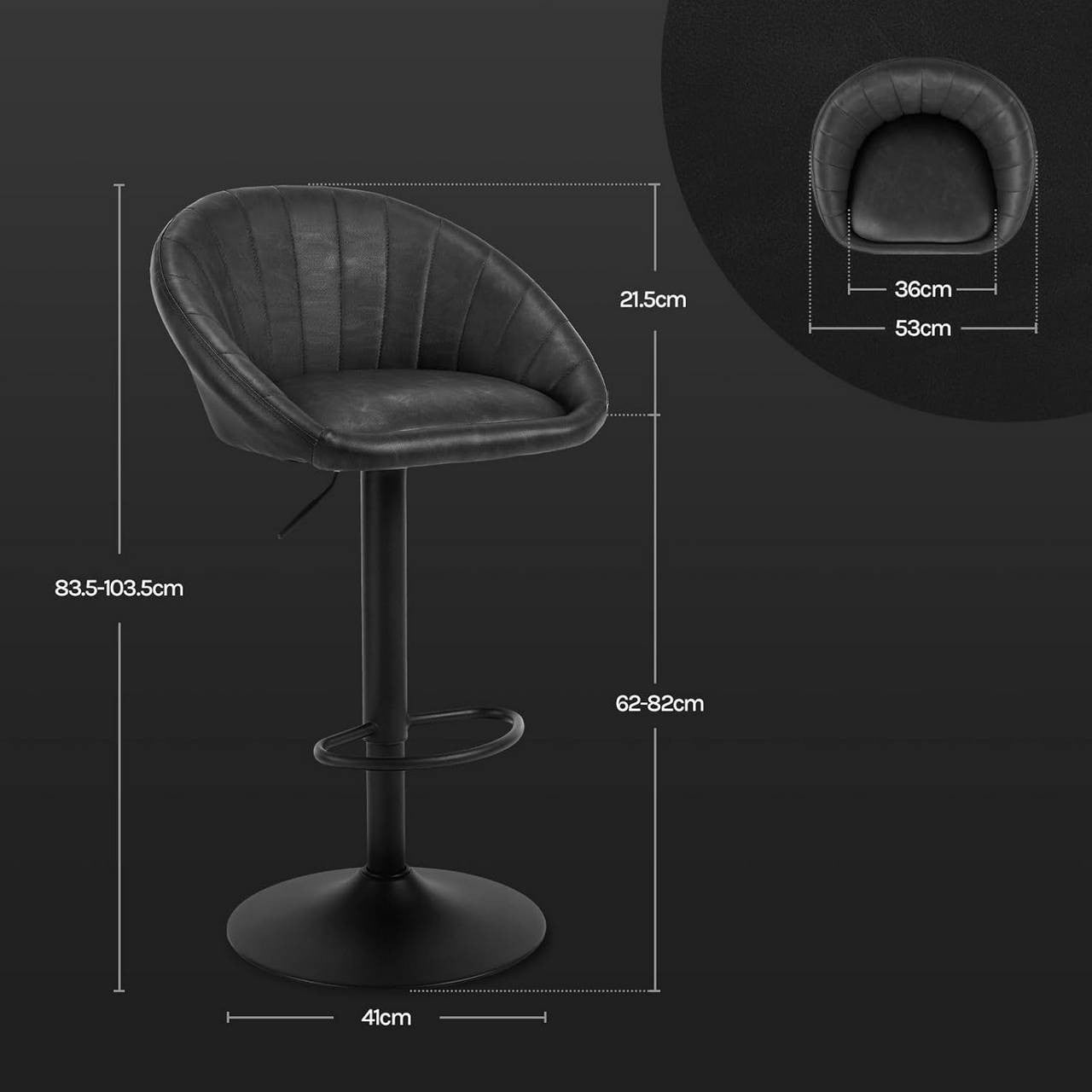 24goodz Adjustable Bar Stool - Ergonomic Design - 360° Swivel - Vintage Imitation Leather - For Home & Office - Anthracite