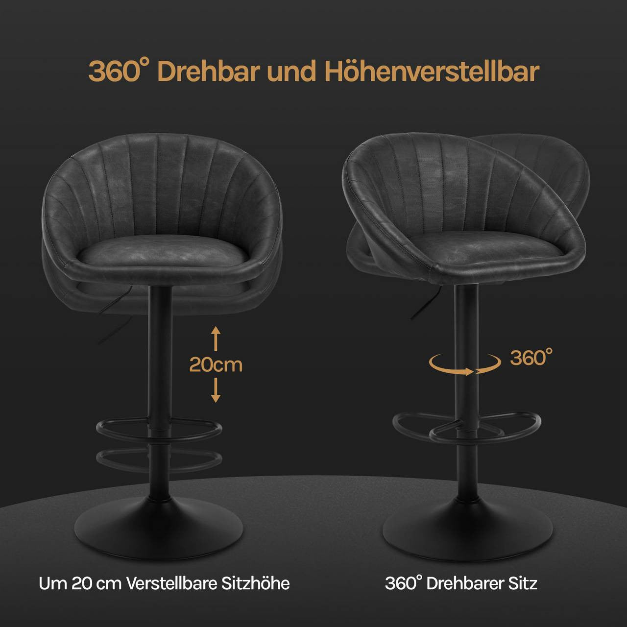 24goodz Adjustable Bar Stool - Ergonomic Design - 360° Swivel - Vintage Imitation Leather - For Home & Office - Anthracite