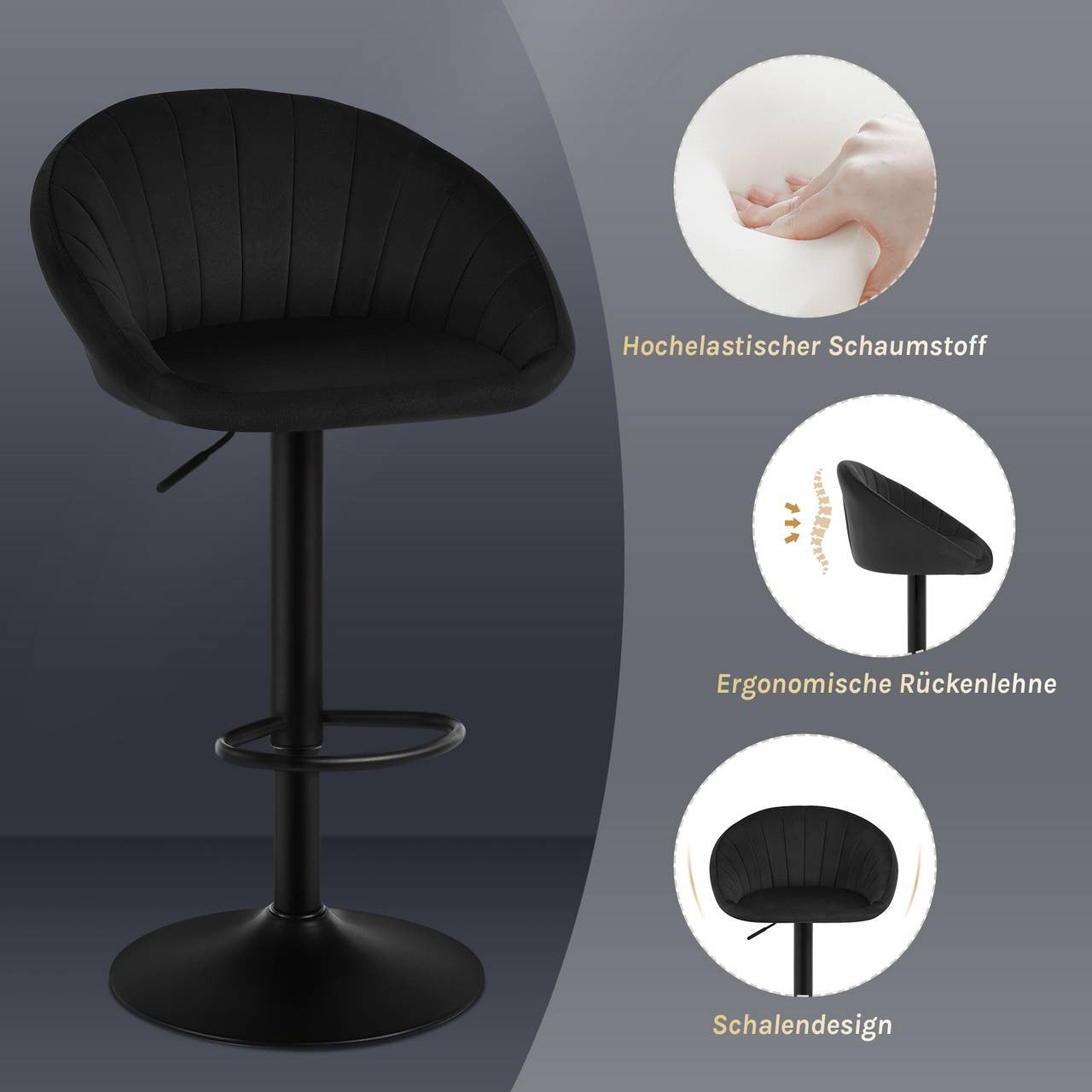 24goodz Adjustable Swivel Bar Stool - Ergonomic Design - Sturdy Metal Frame - Velvet - For Home & Office - Black