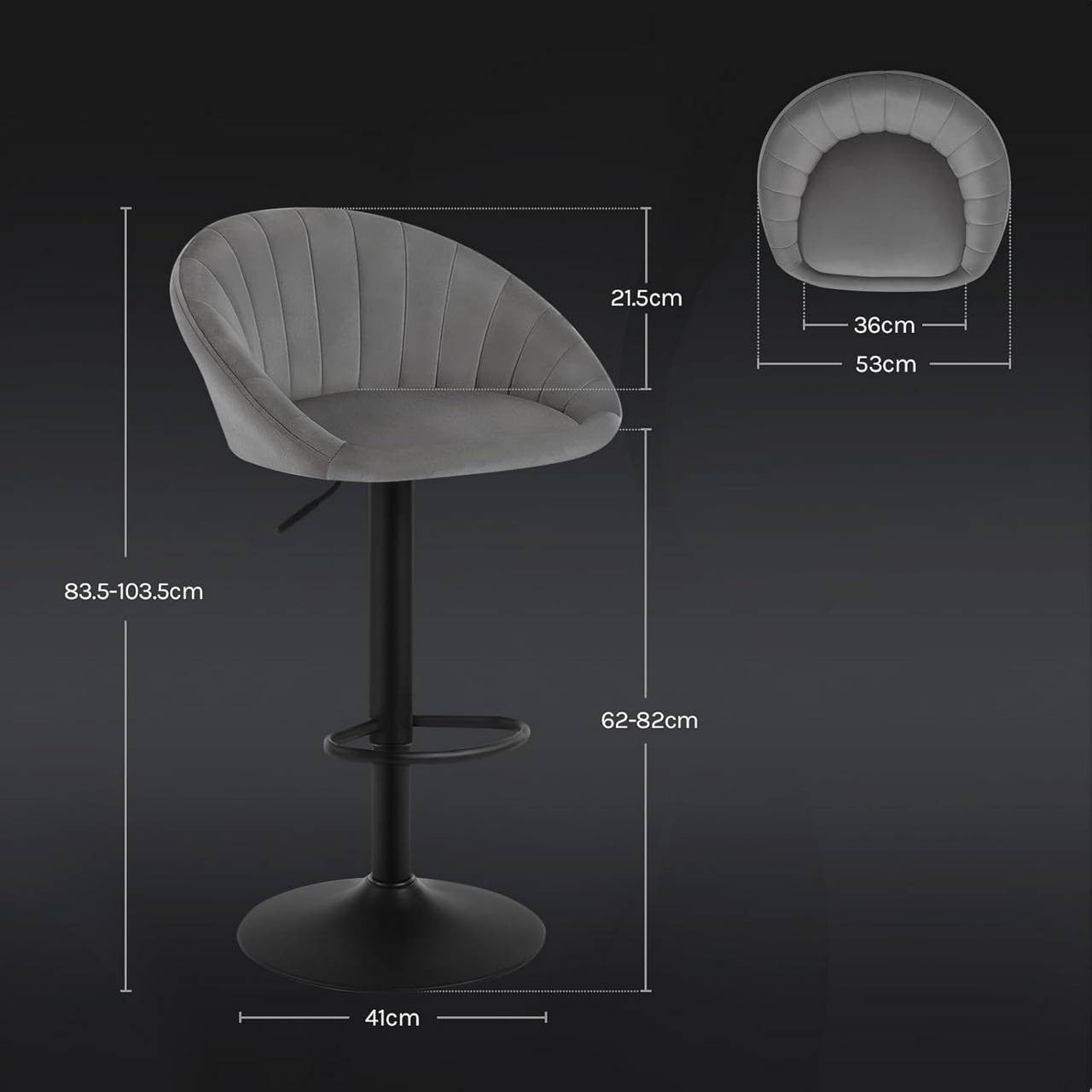 24goodz Ergonomic Bar Stool - Height Adjustable & 360° Swivel - Velvet & Metal - Dark Grey