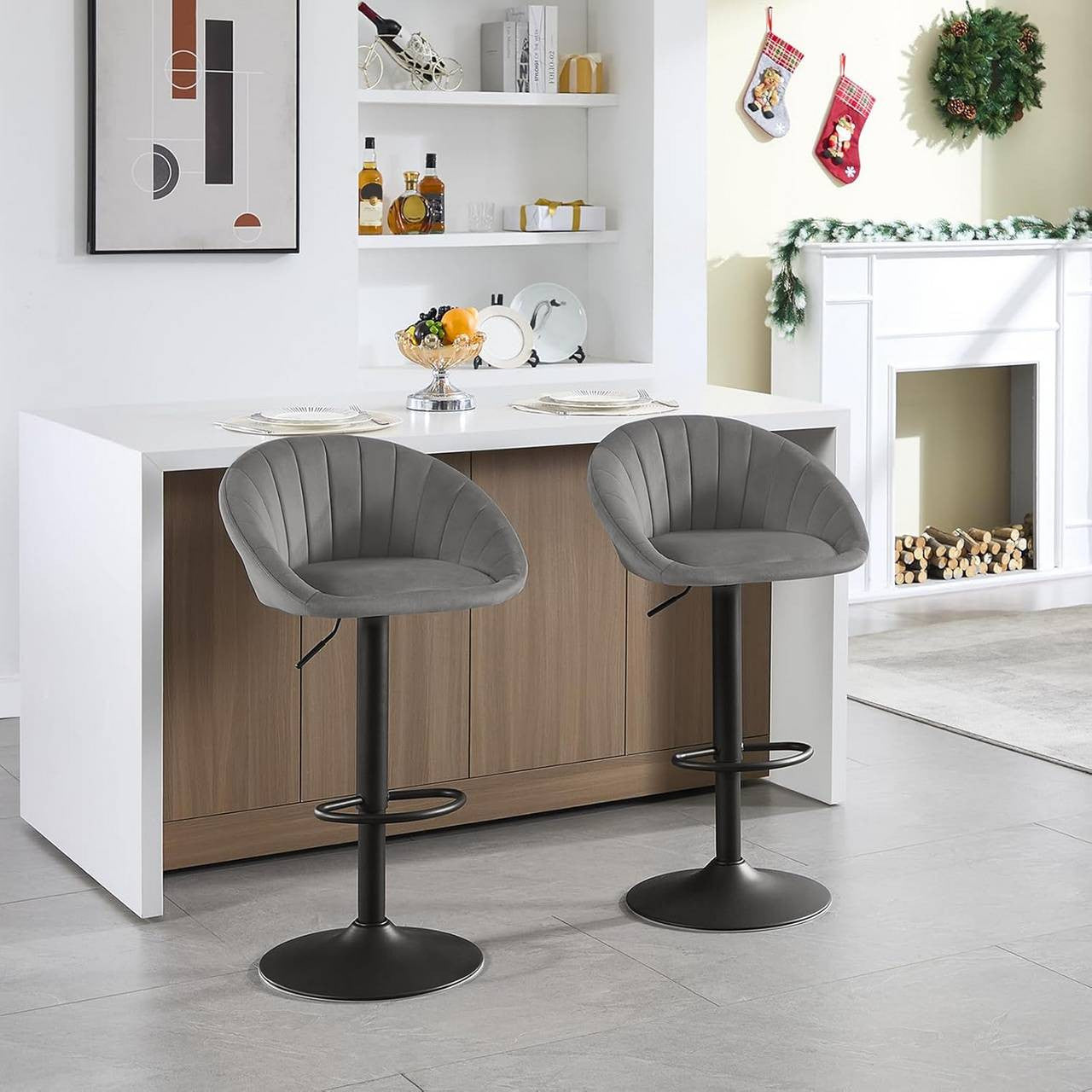 24goodz Adjustable Swivel Bar Stool - Ergonomic Design - Sturdy Metal Frame - Velvet - For Home & Office - Dark Grey