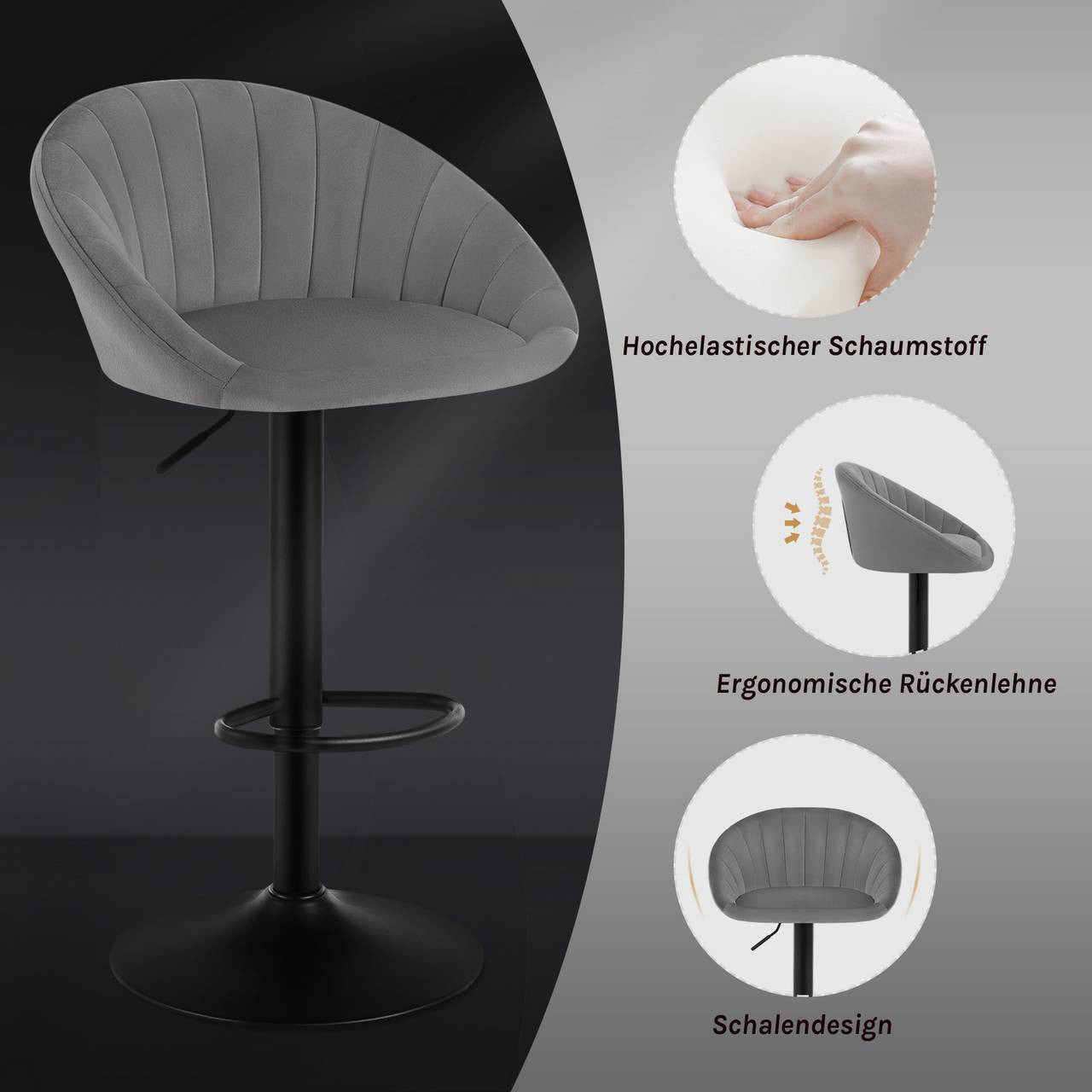 24goodz Adjustable Swivel Bar Stool - Ergonomic Design - Sturdy Metal Frame - Velvet - For Home & Office - Dark Grey